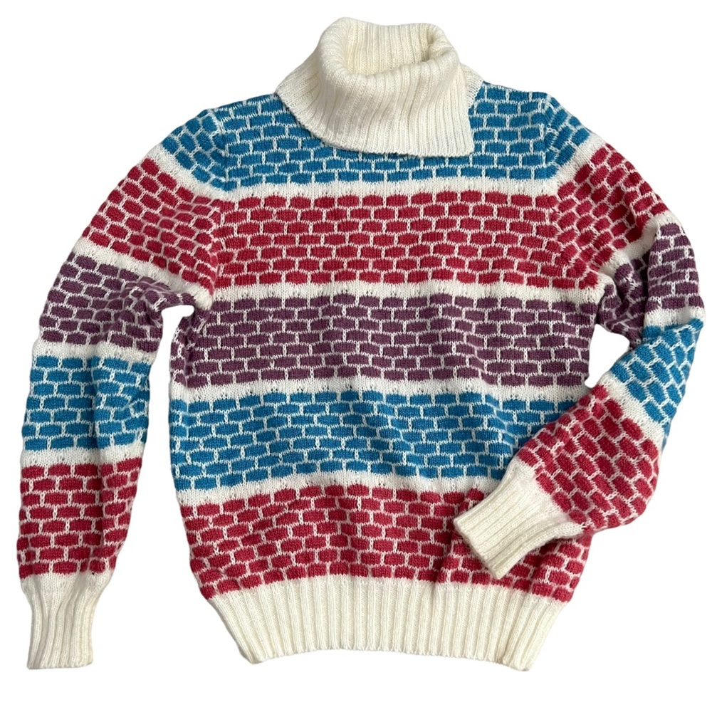 Vintage 80s / 90s Ivory Cream Acrylic Blend Brick Stripe Turtleneck Knit Sweater